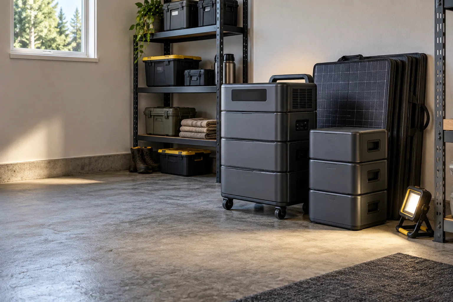 Large modular battery power system and folded solar panel in a dry residential utility room
