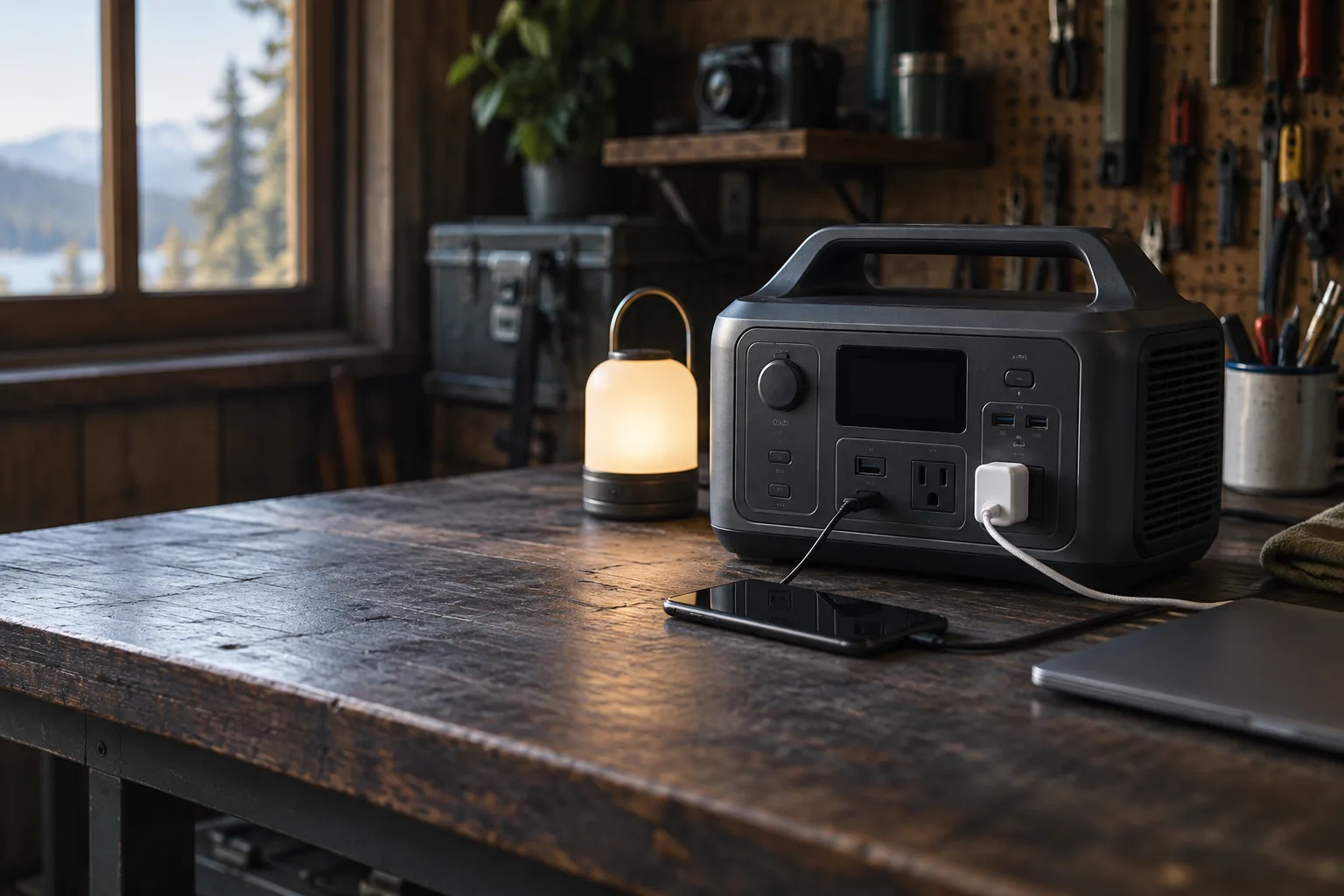 Compact brand-neutral portable power station with a lamp, phone and laptop charger on a workshop bench