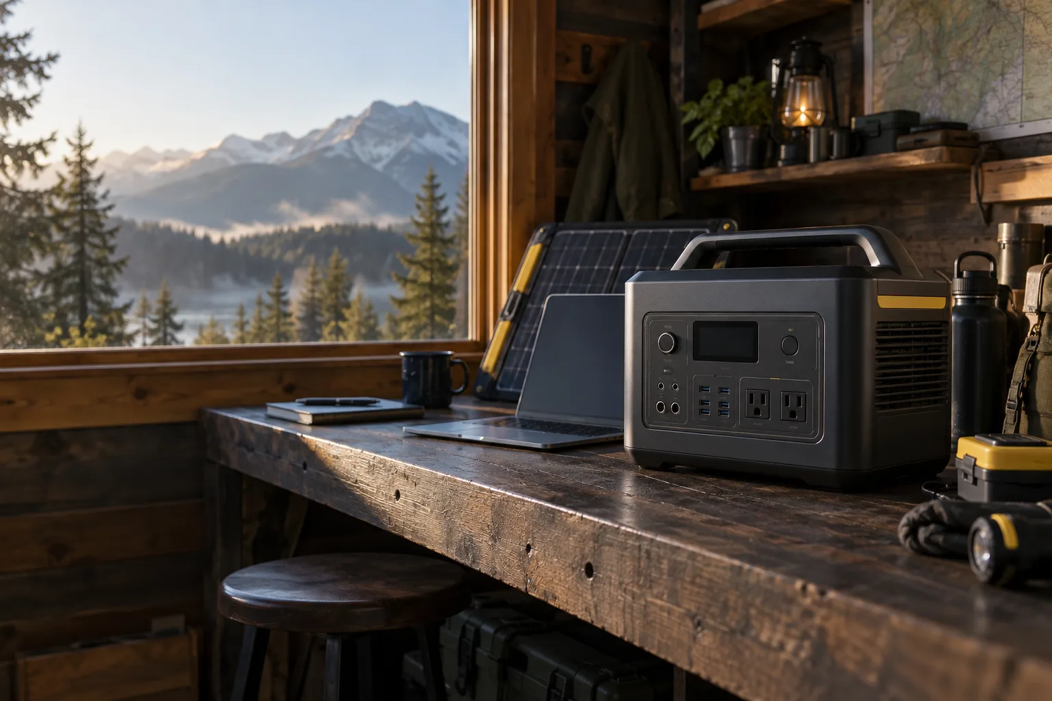 Brand-neutral portable power station, folded solar panel and laptop on a cabin workbench with mountains outside