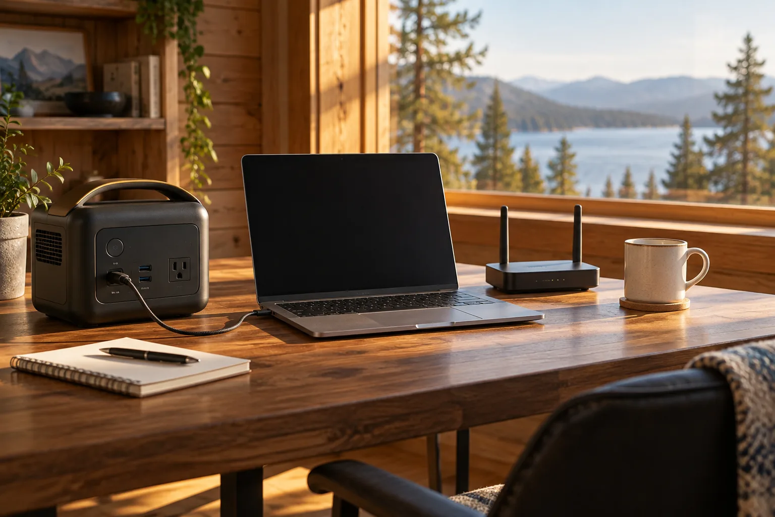 Laptop, router and compact portable power station arranged on a cabin work desk