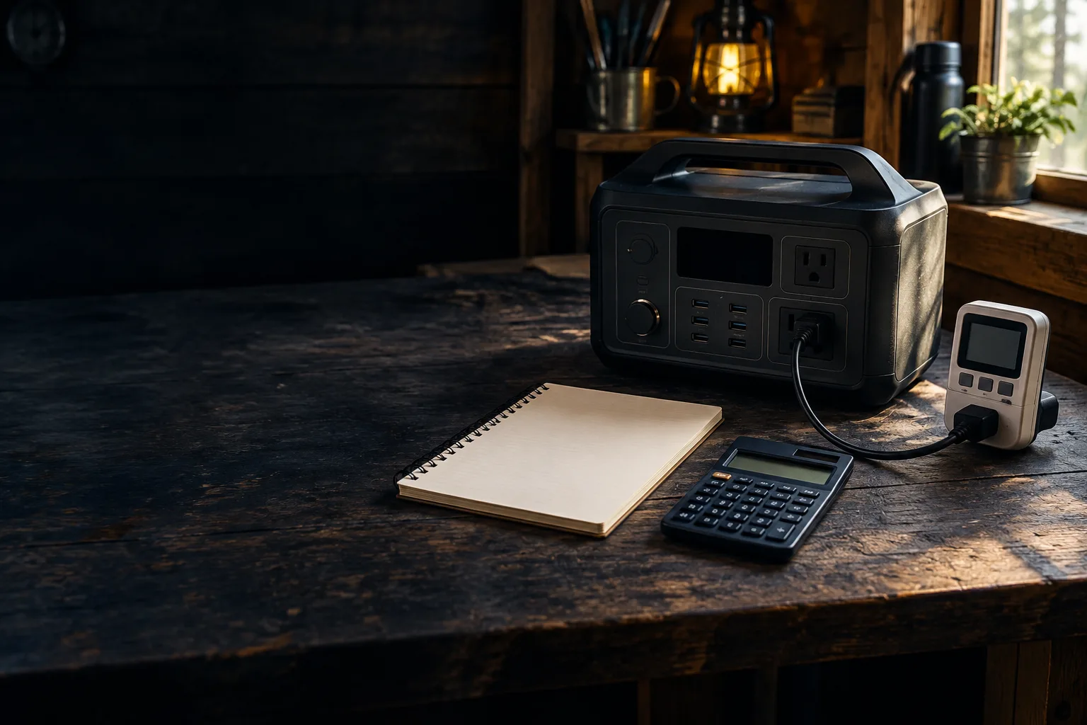 Portable power station, notebook, calculator and plug-in meter arranged for runtime planning