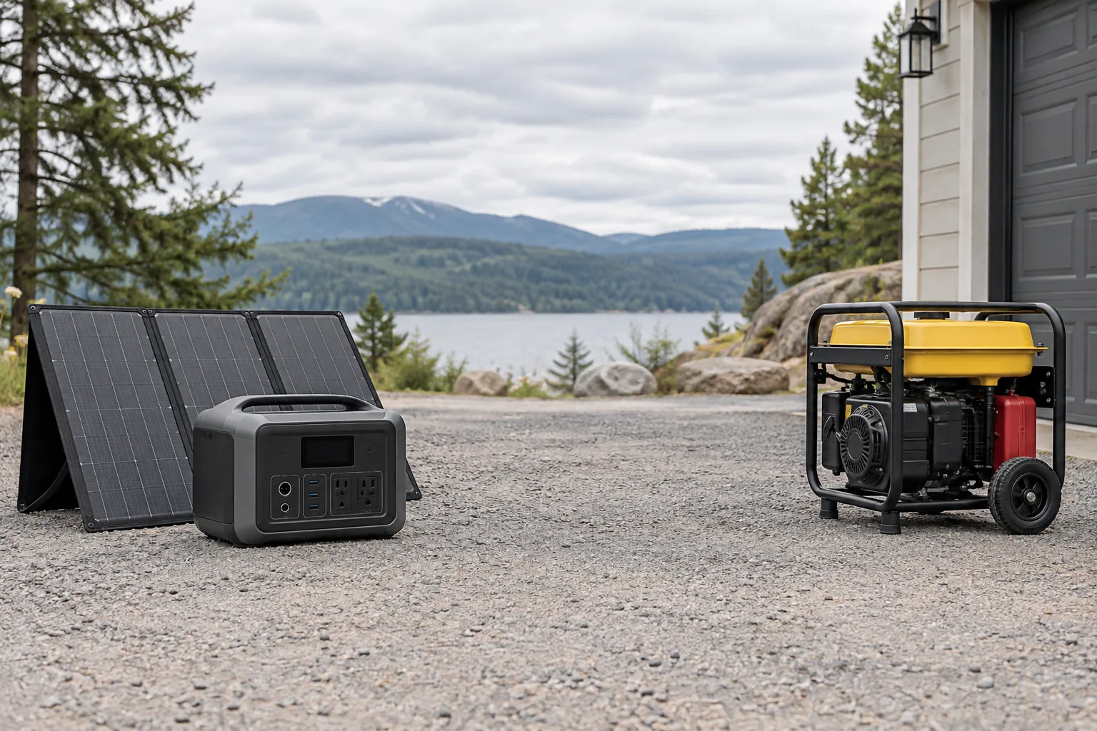 Battery power station with solar panel and compact gas generator positioned separately outdoors for comparison