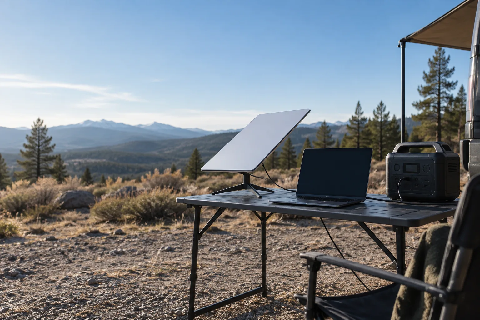 Compact satellite internet terminal, laptop and portable power station on an outdoor work table