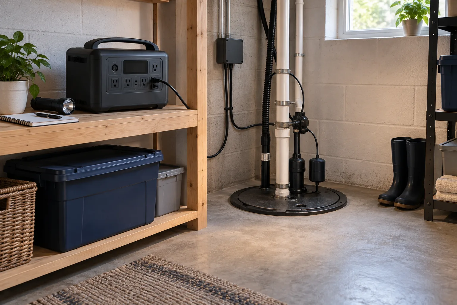 Portable power station raised safely on a shelf beside covered sump pump equipment in a dry basement