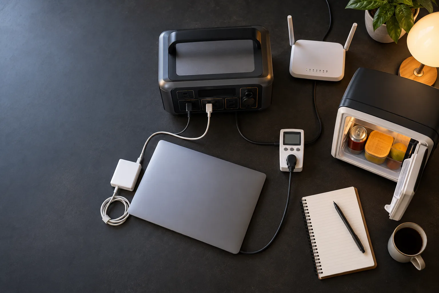 Top-down device load planning scene with portable power station, laptop, charger, router and meter